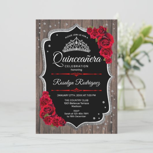 Quinceanera - Rustic Wood Silver Red Kaart (Staand voorkant)
