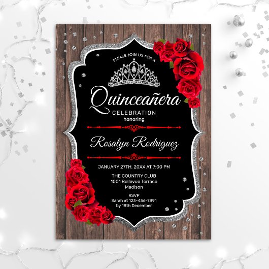Quinceanera - Rustic Wood Silver Red Kaart