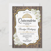 Quinceanera - Rustic Wood White Gold Kaart (Voorkant)