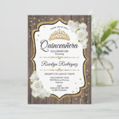 Quinceanera - Rustic Wood White Gold Kaart (Staand voorkant)