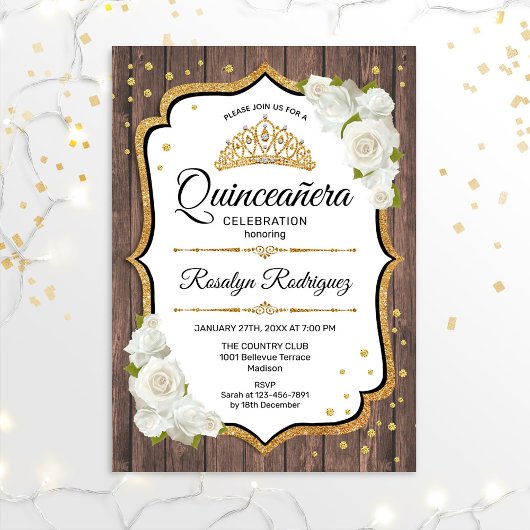 Quinceanera - Rustic Wood White Gold Kaart