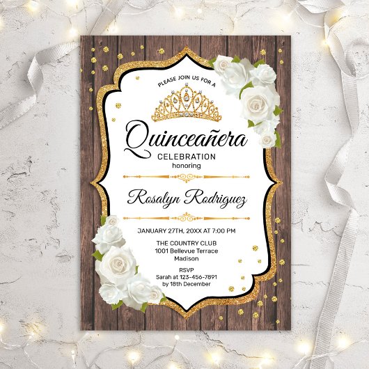 Quinceanera - Rustic Wood White Roses Kaart