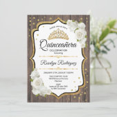 Quinceanera - Rustic Wood White Roses Kaart (Staand voorkant)