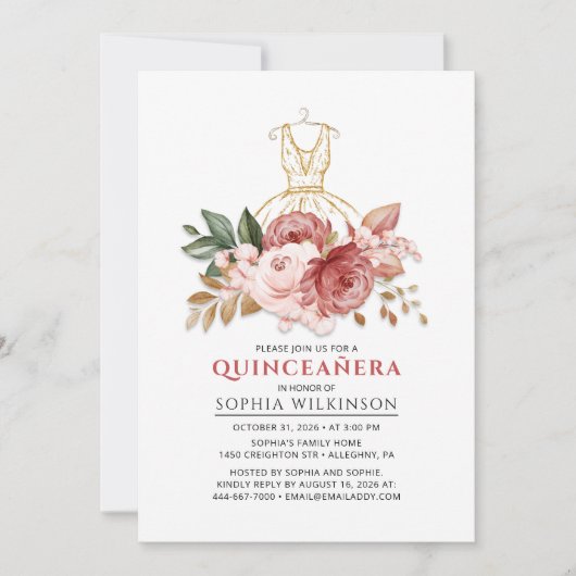 Quinceanera Rustieke Bloemen Faux Gouden Jurk 15e Kaart (Voorkant)
