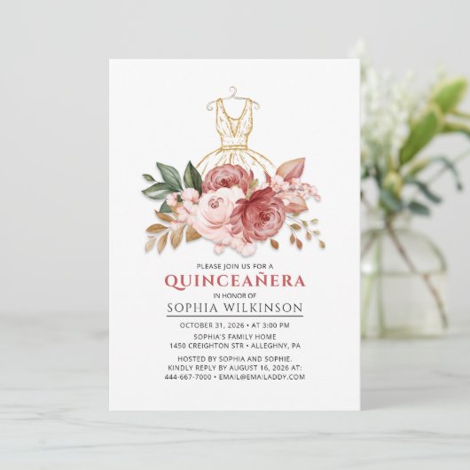 Quinceanera Rustieke Bloemen Faux Gouden Jurk 15e Kaart (Staand voorkant)