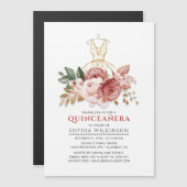 Quinceanera Rustieke Bloemen Faux Gouden Jurk 15e Magnetische Uitnodiging (Voorkant / Achterkant)