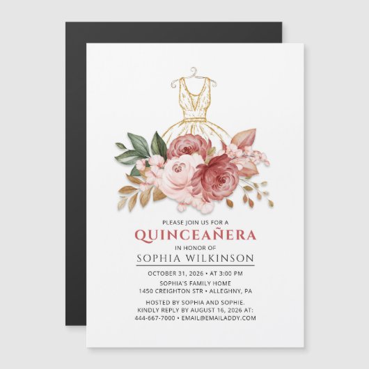 Quinceanera Rustieke Bloemen Faux Gouden Jurk 15e Magnetische Uitnodiging (Voorkant / Achterkant)