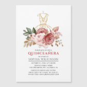 Quinceanera Rustieke Bloemen Faux Gouden Jurk 15e Magnetische Uitnodiging (Voorkant)