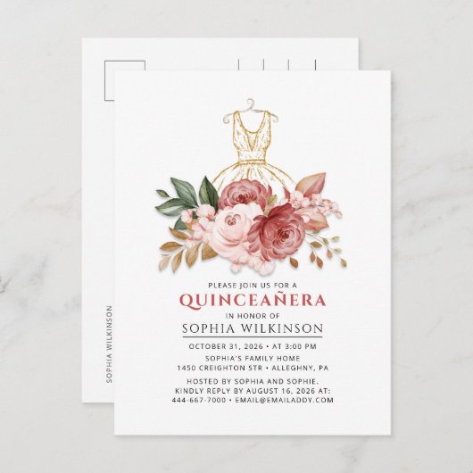 Quinceanera Rustieke Bloemen Faux Gouden Jurk 15e Uitnodiging Briefkaart (Voorkant / Achterkant)