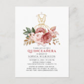 Quinceanera Rustieke Bloemen Faux Gouden Jurk 15e Uitnodiging Briefkaart (Voorkant)
