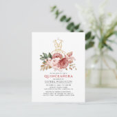 Quinceanera Rustieke Bloemen Faux Gouden Jurk 15e Uitnodiging Briefkaart (Staand voorkant)