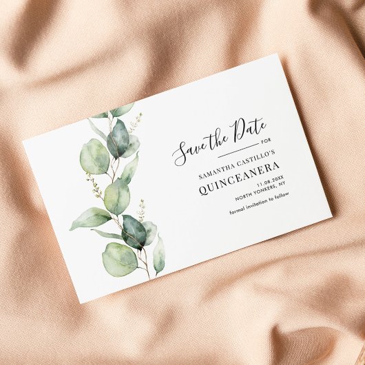 Quinceanera rustieke eucalyptus 15e verjaardag save the date