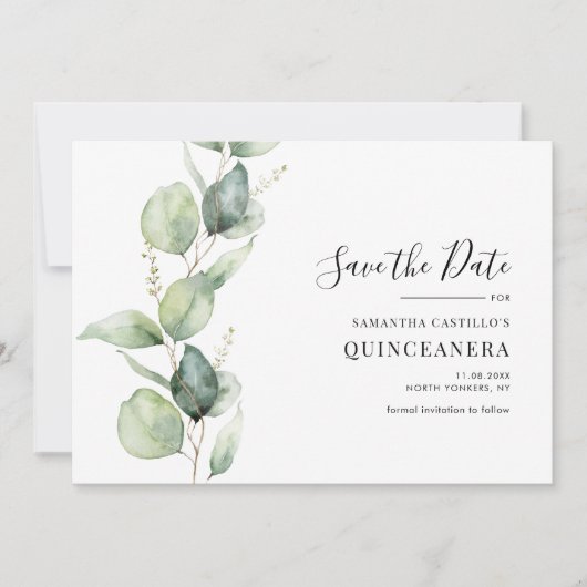 Quinceanera rustieke eucalyptus 15e verjaardag save the date (Voorkant)