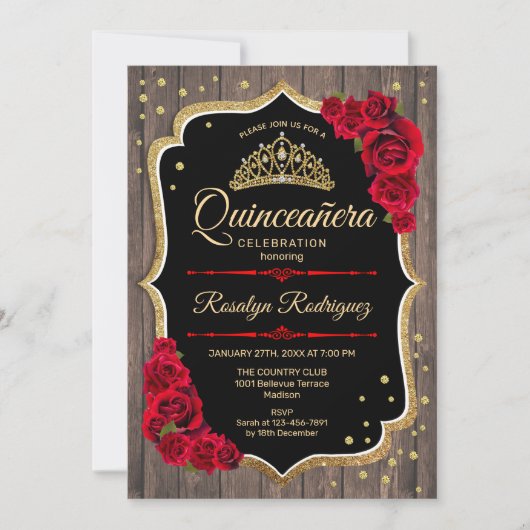 Quinceanera - Rustisch hout Gold Red Kaart (Voorkant)