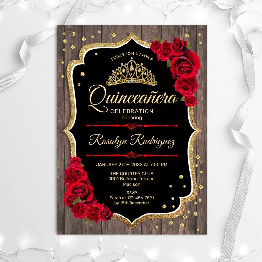 Quinceanera - Rustisch hout Gold Red Kaart