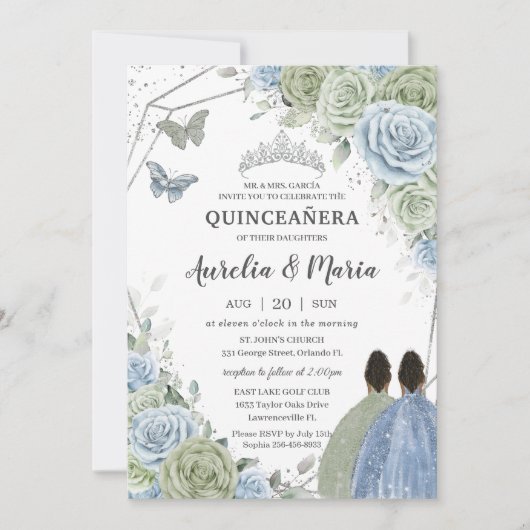 Quinceañera Sage Green Blue Floral Twins Silver Kaart (Voorkant)