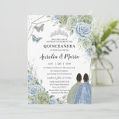 Quinceañera Sage Green Blue Floral Twins Silver Kaart (Staand voorkant)