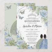 Quinceañera Sage Green Blue Floral Twins Silver Kaart (Voorkant / Achterkant)