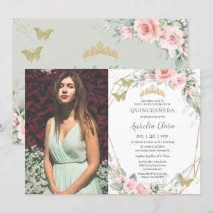 Quinceañera Sage Green Butterflies Pink Floral Kaart