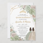 Quinceañera Sage Green Champagne Gold Floral Twins Kaart (Voorkant)