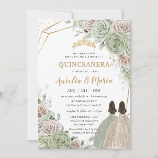 Quinceañera Sage Green Champagne Gold Floral Twins Kaart (Voorkant)