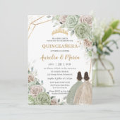 Quinceañera Sage Green Champagne Gold Floral Twins Kaart (Staand voorkant)