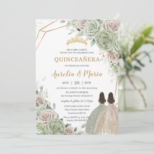 Quinceañera Sage Green Champagne Gold Floral Twins Kaart (Staand voorkant)