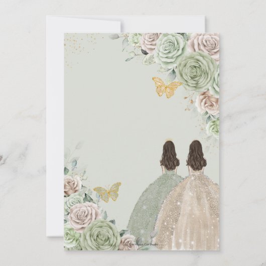 Quinceañera Sage Green Champagne Gold Floral Twins Kaart (Achterkant)
