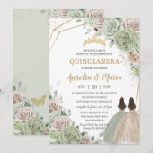 Quinceañera Sage Green Champagne Gold Floral Twins Kaart (Voorkant / Achterkant)