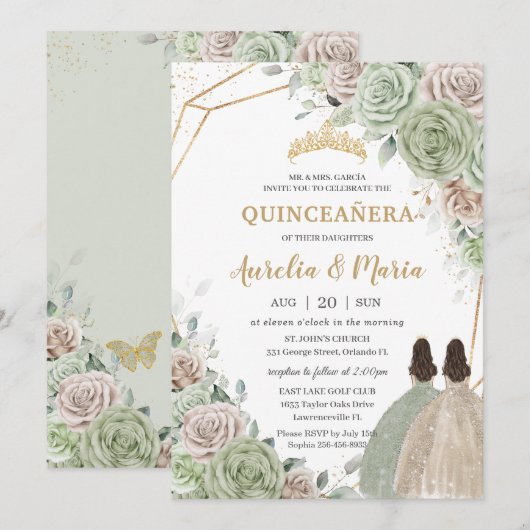 Quinceañera Sage Green Champagne Gold Floral Twins Kaart (Voorkant / Achterkant)