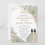 Quinceañera Sage Green Champagne Gold Floral Twins Kaart<br><div class="desc">Pas deze mooie quinceañera-uitnodiging gemakkelijk en snel aan met eigen tekst. Druk op de knop Aanpassen om de stijl en plaatsing van de tekst verder te herschikken en te formatteren. Overeenkomende objecten in de winkel! c) De Happy Cat Studio</div>