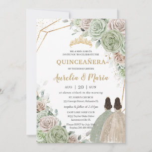 Quinceañera Sage Green Champagne Gold Floral Twins Kaart