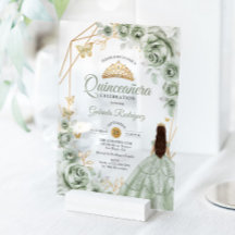 Quinceanera Sage Green Dress Floral Gold