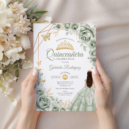 Quinceanera Sage Green Dress Floral Gold Kaart