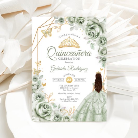 Quinceanera Sage Green Dress Floral Gold Kaart