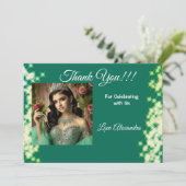 Quinceanera Sage Green Elegant Prinses Foto Bedankkaart (Staand voorkant)
