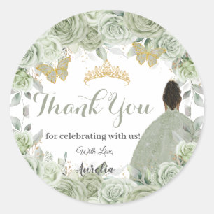 Quinceañera Sage Green Floral Brown Princess Favor Ronde Sticker