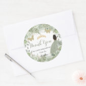 Quinceañera Sage Green Floral Brown Princess Favor Ronde Sticker (Envelop)