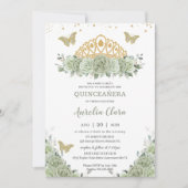 Quinceanera Sage Green Floral Gold Crown Butterfly Kaart (Voorkant)