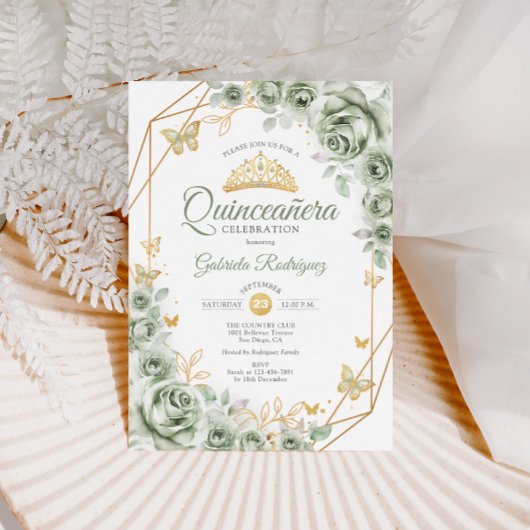 Quinceanera Sage Green Floral Gold Kaart