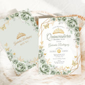 Quinceanera Sage Green Floral Gold Kaart