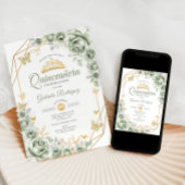 Quinceanera Sage Green Floral Gold Kaart