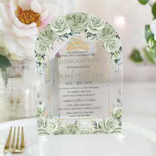 Quinceanera Sage Green Floral Modern Gold Arch Acryl Uitnodigingen