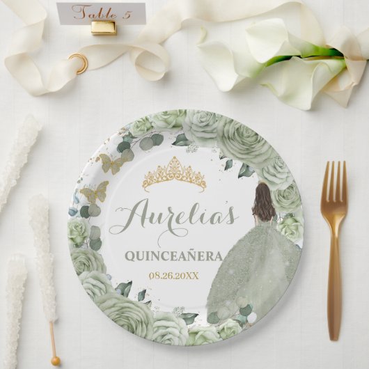 Quinceañera Sage Green Floral Princess Butterflies Papieren Bordje (Huwelijk)