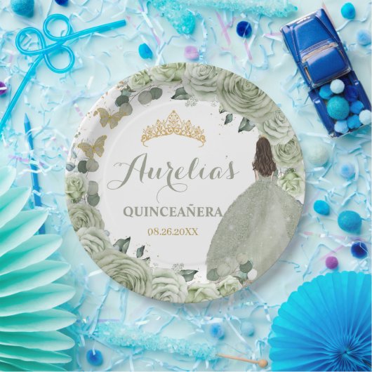 Quinceañera Sage Green Floral Princess Butterflies Papieren Bordje (Feest)