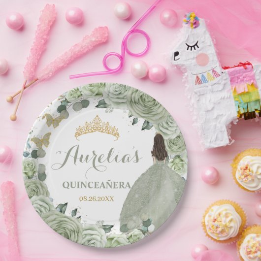 Quinceañera Sage Green Floral Princess Butterflies Papieren Bordje (Feest)