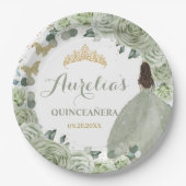 Quinceañera Sage Green Floral Princess Butterflies Papieren Bordje (Voorkant)