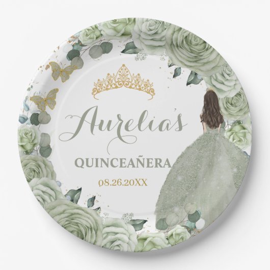 Quinceañera Sage Green Floral Princess Butterflies Papieren Bordje (Voorkant)