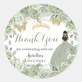 Quinceañera Sage Green Floral Princess Butterflies Ronde Sticker