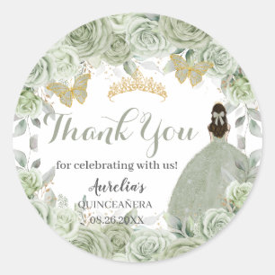 Quinceañera Sage Green Floral Princess Butterflies Ronde Sticker